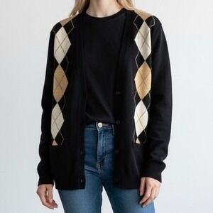 IZOD GOLF Women's Cardigan Black Argyle Pattern Button Up Long Sleeve Size Large